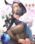  1girl animal_ears ball bangs black_bow black_footwear black_gloves blue_dress bow breasts brown_pantyhose closed_mouth dress elbow_gloves feet fingerless_gloves from_behind gloves high_heels holding holding_shoes hood hood_up kaavi legs light_brown_hair looking_away mahjong mahjong_soul mahjong_tile medium_breasts medium_hair no_shoes pantyhose rabbit_ears rabbit_tail shoes shoes_removed soles solo taba_comya tail toeless_legwear toes yellow_eyes 