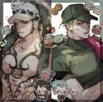  2boys black_hair chibi earrings facial_hair goatee green_hair hat hemul_mg highres jewelry long_sideburns male_focus multiple_boys one_piece open_clothes pectorals roronoa_zoro scar scar_across_eye shirt short_hair sideburns sticker sword tattoo trafalgar_law weapon 