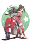  1girl barefoot black_hair bow brown_bow earrings fate/grand_order fate_(series) fur_trim ground_vehicle hair_bow hand_in_pocket highres hoop_earrings ishtar_(fate) ishtar_(swimsuit_rider)_(fate) jacket jewelry leaning long_hair long_sleeves looking_at_viewer motor_vehicle motorcycle pig red_eyes sabine_ss single_thighhigh smile solo standing star_(symbol) thighhighs two_side_up 