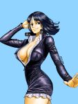  1girl arm_up black_hair blue_background blue_eyes breasts collarbone collared_dress collared_shirt cowboy_shot dress floating_hair full-length_zipper high_collar highres large_breasts lips long_sleeves looking_at_viewer medium_hair meron_(meikoko_drawing) microdress nico_robin no_bra one_piece outstretched_arm outstretched_hand shirt simple_background smile solo twisted_torso undershirt unzipped wing_collar zipper zipper_pull_tab 