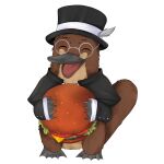  absurdres animal borrowed_character burger cape food formal furry glasses hat highres non-web_source original peppy_the_platypus_(apeppyplatypus) platypus smile suit tail top_hat webbed_feet webbed_hands 