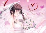  1girl absurdres bangs bare_shoulders blush bouquet breasts bridal_veil brown_eyes brown_hair cleavage earrings elbow_gloves flower gloves gradient gradient_background highres holding jewelry long_hair looking_at_viewer medium_breasts necklace open_mouth original petals scan see-through senji_(tegone_spike) shiny shiny_hair shiny_skin simple_background smile solo sparkle tiara upper_body veil 