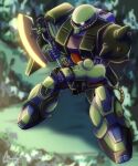  2021 axe cable dated forest glowing glowing_eye gundam gundam_0080 heat_hawk highres holding holding_axe machinery mecha mobile_suit nature no_humans one-eyed purple_eyes robot science_fiction shield shoulder_spikes signature spikes user_rztk7524 zaku_ii_fz_kai zeon 