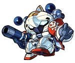  blue_eyes chibi commission english_commentary gun highres holding holding_gun holding_weapon looking_ahead mecha mobilesuit_alpha no_humans pillar_buster robot side_arms side_arms_hyper_dyne skull_and_crossbones solo thrusters weapon white_background 