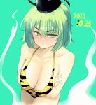  1girl animal_print arms_under_breasts bangs bikini black_headwear blush breasts cleavage closed_mouth crossed_arms dated ghost_tail green_background green_eyes green_hair hat large_breasts looking_at_viewer orebertie short_hair simple_background soga_no_tojiko solo swimsuit tate_eboshi tiger_print touhou v-shaped_eyebrows 