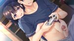  1boy 1girl assertive_female black_hair blush brother_and_sister brown_eyes censored clothes_lift controller courreges_ace erection gaman_ga_dekinai_doutei_aniki_to_sunao_ni_narenai_hankou_imouto game_cg game_controller hair_ornament hairclip handjob hetero holding holding_controller holding_game_controller incest indoors medium_hair mosaic_censoring navel open_mouth penis playing_games reach-around shirt shirt_lift siblings smile smug sweatdrop t-shirt wavy_mouth 