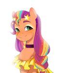  aztrial bloom blue_eyes braided_hair braided_ponytail choker clothing dress earth_pony equid equine hair hasbro hi_res horse jewelry makeup mammal mlp_g5 multicolored_hair my_little_pony necklace pony ponytail purple_hair simple_background sparkles sunny_starscout_(mlp) white_background 