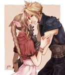  ! !! 1boy 1girl aerith_gainsborough armor artist_name bangs belt blonde_hair blue_eyes blue_pants blue_shirt border braid braided_ponytail brown_background brown_hair cloud_strife couple cropped_jacket dress final_fantasy final_fantasy_vii final_fantasy_vii_remake gloves green_eyes hair_between_eyes hair_ribbon hand_on_another&#039;s_arm hand_on_another&#039;s_chin hetero highres imminent_kiss jacket leaning_forward long_hair looking_at_another multiple_belts muscular muscular_male pants parted_bangs parted_lips pink_dress pink_ribbon puffy_short_sleeves puffy_sleeves red_jacket ribbon shirt short_hair short_sleeves shoulder_armor sidelocks sleeveless sleeveless_turtleneck spiked_hair turtleneck wavy_hair yco_030601 