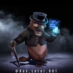  animal borrowed_character brown_eyes cane cape chain formal furry glasses hat highres magic non-web_source original peppy_the_platypus_(apeppyplatypus) platypus smile suit tail top_hat webbed_feet webbed_hands 