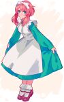  1girl apron bobby_socks bow curtsey dress full_body green_dress green_eyes hair_bow light_smile looking_at_viewer mary_janes nishihara_isao orange_hair original shoes short_hair_with_long_locks skirt_hold socks solo white_apron white_bow 