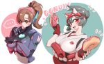  ... 2girls absurdres armor blue_bodysuit blush bodysuit breasts brown_hair d.va_(overwatch) doughnut english_text facial_mark food food_focus fox_mask gloves green_hair half_mask headphones highres holding holding_food japanese_clothes kimono kiriko_(overwatch) long_hair mask medium_breasts multiple_girls open_mouth overwatch overwatch_2 pilot_suit ponytail purple_eyes red_gloves round_teeth shoulder_pads teeth upper_body whisker_markings white_background white_kimono yabby 