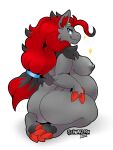  anthro big_breasts big_butt blue_eyes breasts butt claws female fur generation_5_pokemon grey_body grey_fur hair hi_res mature_female nintendo nipples nude pokemon pokemon_(species) pregnant red_hair schwarzfox simple_background smile solo thick_thighs video_games zoroark 