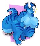  anthro big_breasts blue_body breast_grab breasts ceratopsian dinosaur female hand_on_breast hi_res horn mature_female nude ornithischian reptile scalie schwarzfox simple_background smile solo thick_thighs triceratops 