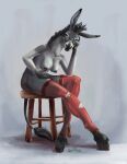  anthro asinus black_hair breasts clothing coypowers donkey equid equine eyelashes eyewear female fur furniture glasses grey_body grey_fur hair hi_res hooves leggings leggings_only legwear long_ears looking_at_viewer mammal mane nipples sitting solo stool tail_tuft torn_clothing torn_legwear tuft 