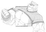  abs anthro biceps big_muscles clothed clothing clothing_lift felid feline gloves grimoire_of_zero grin handwear hi_res looking_up male mammal mercenary_(character) monochrome muscular muscular_anthro muscular_male pantherine pecs shirt shirt_lift smile solo teeth tiger topwear vein veiny_muscles yongdasom 