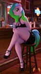  3d_(artwork) absurd_res alcohol anthro beverage clothing crossed_legs digital_media_(artwork) dress equid equine female footwear green_hair hair hasbro hi_res high_heels horn jack_daniel&#039;s loveslove mammal my_little_pony pink_body solo unicorn 