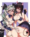  2girls :p absurdres anchovy_(girls_und_panzer) bandages bangs bikini black_bikini black_choker black_collar black_skirt blood blood_from_mouth blood_on_bandages blood_on_face breasts brown_eyes brown_hair choker claw_pose cleavage collar commentary demon_horns demon_tail detached_collar drill_hair fangs fingernails girls_und_panzer green_hair halloween halloween_costume highres horns kneeling kshimu large_breasts leaning_forward long_hair looking_at_viewer miniskirt multiple_girls nishizumi_maho o-ring o-ring_bikini open_mouth outside_border panties pantyshot pleated_skirt red_eyes red_horns red_nails red_panties sharp_fingernails short_hair single_thighhigh sitting skirt swimsuit tail thighhighs tongue tongue_out twin_drills twintails underwear yokozuwari 