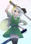  1girl absurdres black_bow black_hairband blush bob_cut bow bow_hairband cherry_blossoms ghost green_eyes green_skirt green_vest hairband highres hitodama hitodama_print holding holding_sword holding_weapon katana konpaku_youmu konpaku_youmu_(ghost) puffy_short_sleeves puffy_sleeves scabbard sheath shirt short_hair short_sleeves simple_background skirt solo sword tanaka_illust touhou vest weapon white_background white_hair white_shirt 