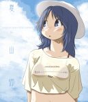  1girl aoneco bangs bikini bikini_under_clothes black_bikini blue_eyes blue_hair blue_sky character_name clothes_writing cloud cloudy_sky commentary copyright_name cropped_shirt freckles girls_und_panzer hat long_hair looking_to_the_side parted_lips see-through shirt short_sleeves sky solo sweat swimsuit t-shirt translated upper_body white_headwear white_shirt yamagou_ayumi 