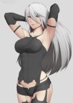  1girl 2022 abs armpits ass_peek black_gloves black_tank_top breasts closed_mouth contrapposto cowboy_shot elbow_gloves gloves green_eyes grey_background groin hair_between_eyes impossible_clothes joints long_hair looking_at_viewer medium_breasts mole mole_on_cheek nier_(series) nier_automata presenting_armpit putcher robot_joints shirt short_shorts shorts simple_background solo standing tank_top taut_clothes taut_shirt white_hair yorha_type_a_no._2 