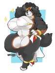  anthro big_breasts black_body black_fur breasts brown_body brown_fur canid canine canis claws clothed clothing domestic_dog female fluffy fluffy_tail fur hi_res mammal mature_female multicolored_body multicolored_fur partially_clothed purple_eyes schwarzfox smile solo thick_thighs white_body white_fur 