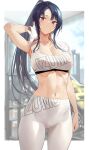  1girl absurdres arm_at_side arm_up armpits ass_visible_through_thighs bangs bare_arms black_hair blue_sky blurry blurry_background border breasts cleavage cloud collarbone commentary_request cowboy_shot high-waist_pants highres hiiragi_yuuichi holding holding_towel large_breasts linea_alba long_hair looking_at_viewer navel original pants parted_bangs parted_lips ponytail red_eyes sidelocks sky solo sports_bra sportswear stomach sweat text_print towel towel_around_neck white_border white_pants white_sports_bra white_towel wiping yoga_pants 