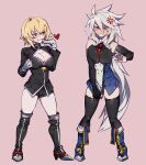  2girls absurdres ahoge anger_vein blazblue blonde_hair blush boots breast_cutout breasts cleavage commentary covered_nipples detached_sleeves flying_sweatdrops full_body galadysp genderswap genderswap_(mtf) gloves green_eyes grey_background grey_hair hair_between_eyes heart heterochromia high_heel_boots high_heels highres jin_kisaragi large_breasts long_hair long_sleeves looking_at_another multiple_girls necktie ragna_the_bloodedge red_eyes short_hair shorts simple_background skindentation smug standing thighhighs very_long_hair 