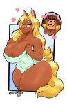  anthro big_breasts blonde_hair blood blush bodily_fluids breasts brown_body brown_fur clothed clothing duo equid equine eyewear fangs female fluffy fluffy_tail fur glasses green_eyes hair hi_res horse male male/female mammal mature_female nosebleed open_mouth open_smile partially_clothed schwarzfox simple_background smile teacher thick_thighs tongue towel ursid 