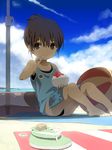  bad_id bad_pixiv_id ball barefoot beach beachball black_hair brown_eyes child day eating feet food hino_hikaru innertube ocean original sandals shaved_ice sitting solo swimsuit umbrella 