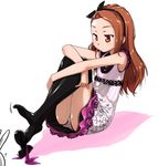  brown_eyes brown_hair bunny hairband idolmaster idolmaster_(classic) idolmaster_2 long_hair minase_iori panties pantyshot pantyshot_(sitting) petite shoe_dangle shoes single_shoe sitting solo striped striped_panties thighhighs ttomm underwear 