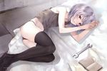  absurdres armpits bare_shoulders bed_sheet black_legwear book camisole copyright_name green_panties hair_intakes highres kannagi_noel kishida_mel legs lying no_pants official_art on_side open_book panties parted_lips ruler shadow short_hair silver_eyes silver_hair solo sora_no_woto tank_top thighhighs underwear wrench 