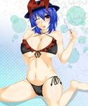  ;p barefoot bikini blue_hair blush breasts cube_(circussion) food frills hat large_breasts nagae_iku one_eye_closed popsicle red_eyes solo swimsuit tongue tongue_out touhou 