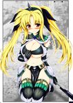 bandeau bardiche blonde_hair blush breasts cleavage colorized cosplay fate_testarossa hairband highres horn kirin_(armor) large_breasts loincloth long_hair lyrical_nanoha mahou_shoujo_lyrical_nanoha_strikers midriff monster_hunter navel red_eyes ribbon solo strapless thighhighs tubetop twintails uni8 very_long_hair weapon 