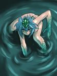  blue_hair breasts green_eyes kappa medium_breasts nude original ruuen_rouga scales solo squatting water 
