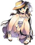  ankle_ribbon black_footwear black_hair blue_eyes blush breasts cleavage dress full_body hat james_hotate knee_blush large_breasts legs long_hair open_mouth original ribbon sandals simple_background solo straw_hat sun_hat sundress thigh_strap toes very_long_hair vibrator white_background white_dress white_ribbon 