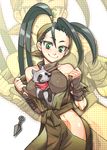  animal animal_between_breasts bandages bandana between_breasts breasts don_(street_fighter) green_eyes hip_vent ibuki_(street_fighter) kunai kuroshin large_breasts long_hair ninja nipples ponytail see-through smile solo street_fighter street_fighter_iii_(series) street_fighter_iv_(series) tanuki weapon zoom_layer 