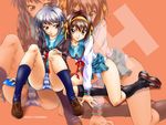  cardigan grey_hair kita_high_school_uniform kneeling multiple_girls nagato_yuki natsuno_suika panties pantyshot pantyshot_(kneeling) pantyshot_(sitting) purple_hair school_uniform serafuku short_hair sitting skirt striped striped_panties suzumiya_haruhi suzumiya_haruhi_no_yuuutsu underwear white_panties zoom_layer 