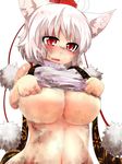  animal_ears bad_id bad_pixiv_id breasts detached_sleeves dirty hat highres huge_breasts inubashiri_momiji red_eyes sakurai_energy shirt_lift short_hair solo tokin_hat touhou underboob white_hair wolf_ears 