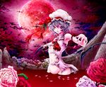  armband bat_wings blood flower full_moon groin hat highres moon navel night no_pants onokoro401 pink_eyes red_moon remilia_scarlet rose short_hair silver_hair sky solo torn_clothes touhou wings 