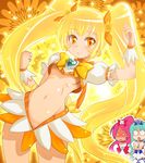  aqua_hair blonde_hair blue_choker blush bow breasts chibi choker cure_blossom cure_marine cure_sunshine ebi_tendon groin hair_bow hair_ornament hanasaki_tsubomi heart heartcatch_precure! kurumi_erika long_hair magical_girl multiple_girls myoudouin_itsuki navel no_nose open_mouth orange_choker orange_eyes orange_skirt pink_choker pink_hair precure skirt small_breasts twintails underboob yellow yellow_background yellow_bow 