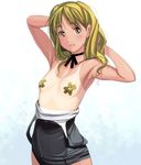  armpits arms_behind_head bad_id bad_pixiv_id bandaid bandaids_on_nipples blonde_hair choker crossdressing long_hair male_focus masao one-piece_swimsuit one-piece_tan original otoko_no_ko pasties ribbon_choker school_swimsuit solo swimsuit tan tanline yellow_eyes 