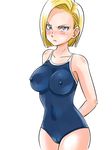  android_18 bad_id bad_pixiv_id blonde_hair blue_eyes breasts covered_nipples dragon_ball dragon_ball_z e_rondon_boots large_breasts one-piece_swimsuit school_swimsuit short_hair solo swimsuit 