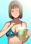  alcohol beer bikini breasts cleavage highres large_breasts one_eye_closed original solo swimsuit yabumasa 