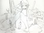  aerosol bags_under_eyes barefoot bottomless box breasts can graphite_(medium) greyscale hand_behind_head hikikomori medium_breasts messy monochrome no_panties open_clothes original shimimaru short_hair single_sock sketch socks solo tired traditional_media underboob 