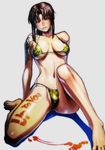  agua-verde barefoot bikini black_lagoon blush bodypaint breasts brown_hair camouflage feet foreshortening highres hiroe_rei large_breasts official_art ponytail revy_(black_lagoon) solo swimsuit tattoo 