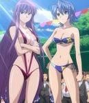  ahoge bandeau bikini blue_eyes blue_hair breasts cleavage crossed_arms etou_fujiko front-tie_top hand_on_hip hattori_junko ichiban_ushiro_no_daimaou large_breasts long_hair mole multiple_girls multiple_moles navel purple_eyes purple_hair screencap slingshot_swimsuit stitched sunlight swimsuit third-party_edit very_long_hair watermark 