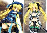  bardiche blonde_hair blush breasts cape cleavage colorized cosplay energy_sword fate_testarossa hairband hat highres horn kirin_(armor) large_breasts loincloth long_hair looking_back lossy-lossless lyrical_nanoha mahou_shoujo_lyrical_nanoha_strikers midriff monster_hunter navel panties red_eyes ribbon striped striped_panties sword thighhighs twintails underwear uni8 very_long_hair weapon 