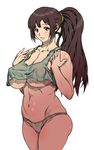  abs breasts brown_hair copyright_request covered_nipples crop_top crop_top_overhang fingernails grey_eyes highres kei_(bekei) large_breasts long_hair muscle ponytail solo tank_top underboob underwear underwear_only 