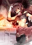  bandana bangs breasts brown_eyes brown_hair cable character_request crop_top embers fire gloves goggles hand_on_own_head highres jumpsuit long_hair matsuno_canel medium_breasts metal_max midriff mouth_hold screwdriver shoes sitting smoke solo strap_slip sweat tank_top underboob 