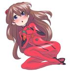  :o blue_eyes blush bodysuit brown_hair cameltoe chimosaku from_above hands_on_own_chest long_hair lying neon_genesis_evangelion no_nose open_mouth plugsuit shikinami_asuka_langley simple_background solo souryuu_asuka_langley 